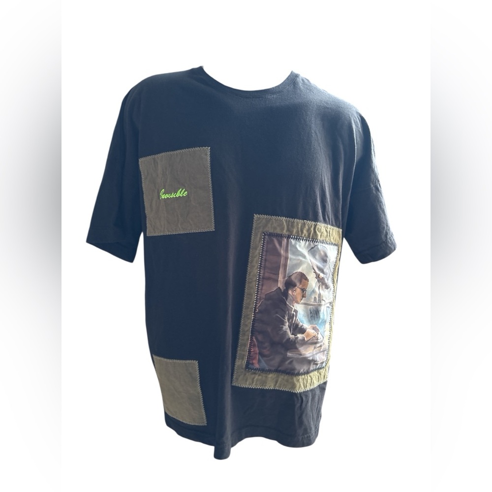 Retro‎ Blue Mens Wear Brand Black TShirt "Invisible" Patchwork Med. NWOT